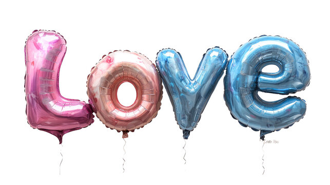 The image features four large, metallic looking balloons arranged to spell out the word "LOVE