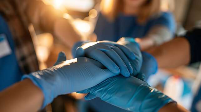 overhead view of a diverse group of volunteers wearing gloves joining hands together at a bright volunteering center, faces angled away from camera, teamwork and readiness