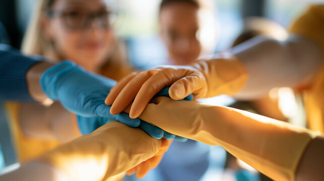 overhead view of a diverse group of volunteers wearing gloves joining hands together at a bright volunteering center, faces angled away from camera, teamwork and readiness
