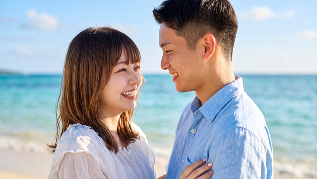 Happy young couple smiling and looking at each other romantically on a sunny tropical beach during summer vacation