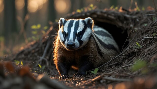 European badger emerging from its underground burrow in a sunlit forest at dusk