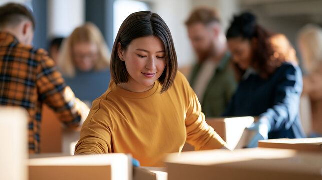 rear view of five young multiracial volunteers sorting through boxes of donated clothes in a bright community charity center, backs to camera, collaboration concept, teamwork,
