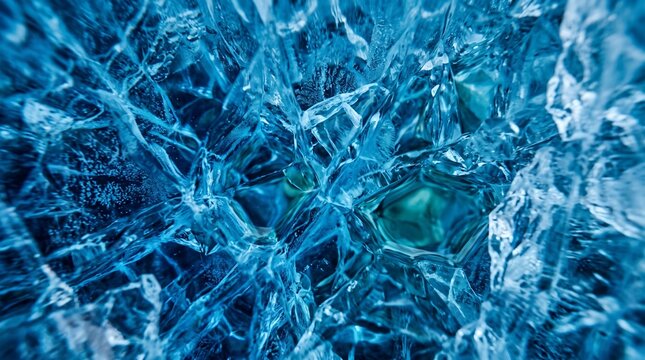 Abstract close up of fractured blue ice with intricate crystalline structures and trapped air bubbles