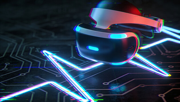 Chromatic aberration VR headset floating above circuit wave graphic. Neon glitch effect