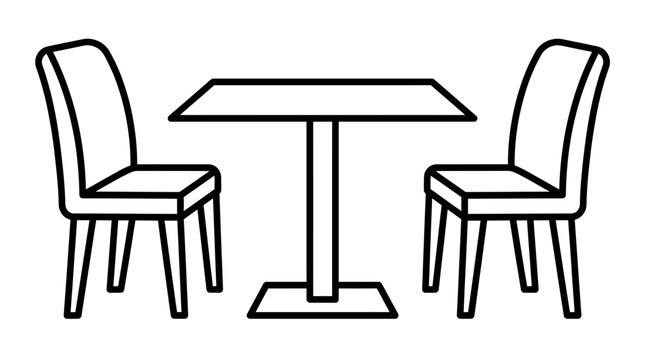 Minimalist black outline illustration featuring two simple chairs arranged around a rectangular dining room table