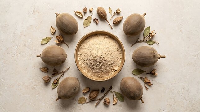 Whole sapodilla fruits arranged in a circle around a wooden bowl filled with delicious brown sapodilla powder. baobab powder