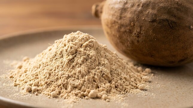 A pile of brown maca root powder next to a fresh raw whole maca vegetable on a wooden table surface. baobab powder