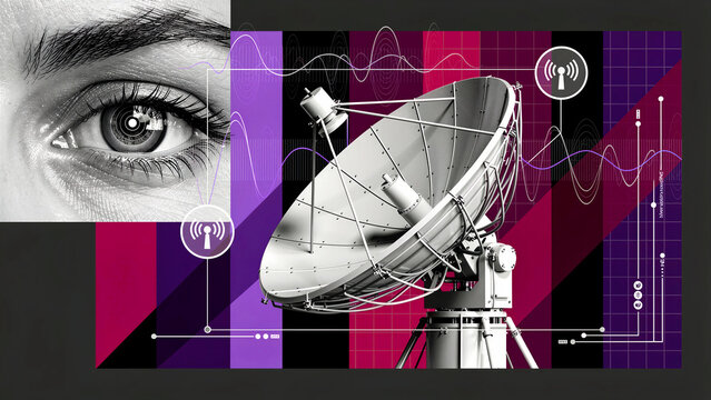 Human eye watching a satellite dish with digital wave patterns. Abstract imagery representing global surveillance and signal monitoring. Information tracking concept for cybersecurity marketing.