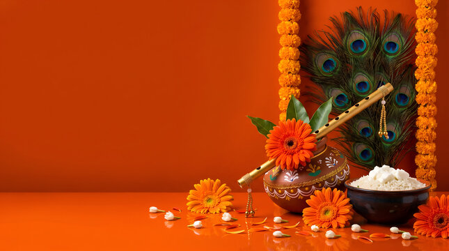 Happy Krishna Janmashtami concept. Krishna Janmashtami Festival Background with Pot Flute Feathers