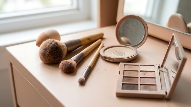 Makeup brushes and eyeshadow palette with a mirror on a vanity table in a bright bedroom morning light. simple makeup tutorial