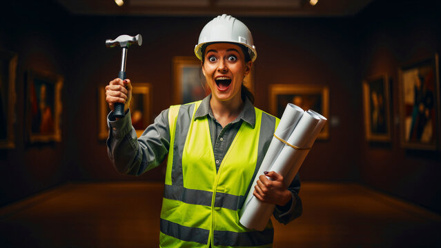 Excited female engineer in safety gear holding a hammer and blueprints in a museum. Construction worker wearing a hard hat inside an art gallery. Gallery renovation and maintenance service concept.