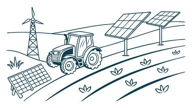 Autonomous tractor on field near solar panels and wind turbine smart farming renewable energy concept isolated on white background, vector illustration