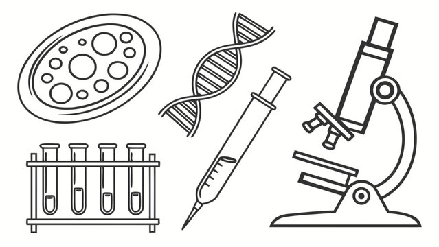 Biotechnology laboratory equipment set petri dish dna strand syringe test tubes microscope isolated on white background vector illustration