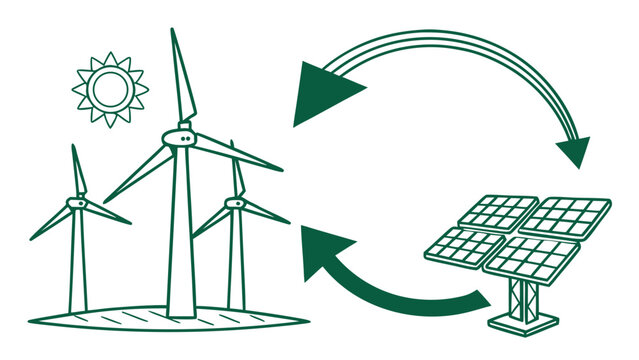 Wind turbines solar panels green sun circular arrows sustainable energy system concept isolated on white background, vector illustration