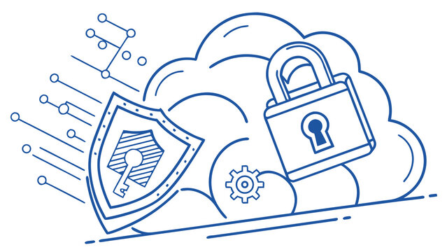 Vector illustration of secure cloud data storage padlock shield key digital network technology cybersecurity concept isolated on white background