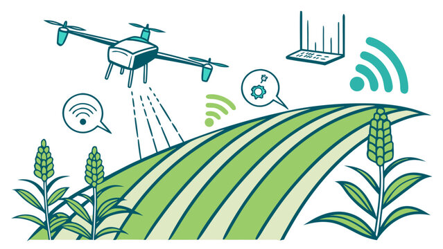 Vector illustration of agricultural drone scanning green crop field with wireless technology laptop icons smart farming concept isolated on white background