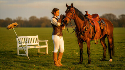 Naklejka premium Woman in equestrian gear adjusting horse bridle in sunny field. Rider prepares saddled bay horse for riding at sunset. Equestrian lifestyle and animal care concept for outdoor hobby marketing.
