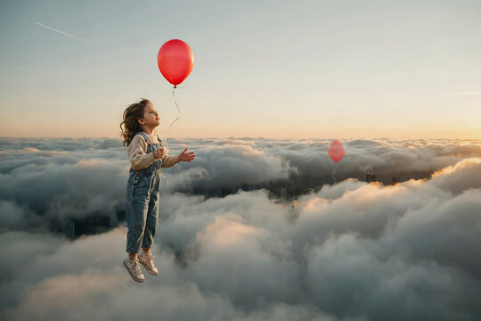 Young child floating above clouds holding a red balloon