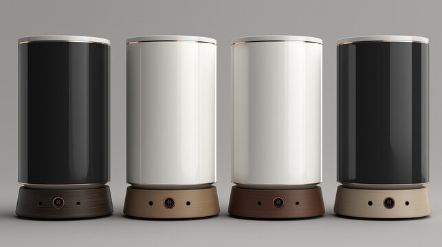 Modern cylindrical table lamps with wooden bases in row interior furniture