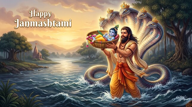 Vasudeva carrying baby krishna in a basket across the yamuna river, protected by the multi-headed serpent shesha naga, under a glowing sky during the janmashtami festival ... See More