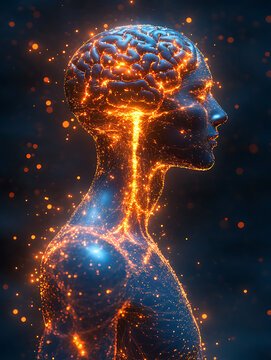 Anatomical illustration of a human figure with an active, glowing brain against a dark gradient background.