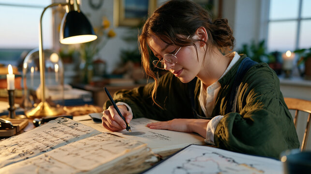 A fingerprint analysis technician works alone in a quiet farmhouse study at dusk, surrounded by aged manuscripts and dialect maps, her solitary focus suggesting a forensic role in verifying provenan