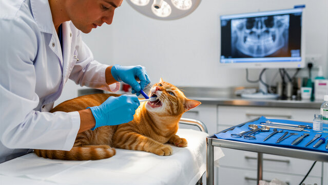 Veterinarian brushing a ginger cat's teeth in a modern clinic. Professional male vet performing dental care on a domestic feline pet. Pet oral health concept, ideal for animal healthcare marketing.