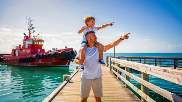 Happy father carrying son on shoulders while pointing at sea from a pier. Red tugboat floats in the background under a bright blue summer sky. Family travel and adventure concept for marketing.
