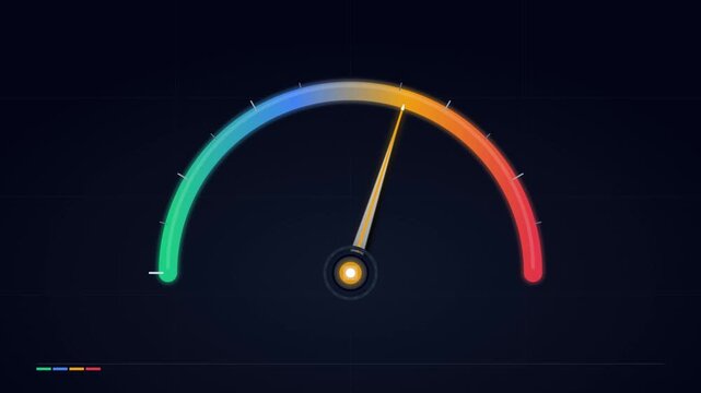 Animated speedometer gauge rising to maximum level, digital performance indicator for business analytics and data visualization