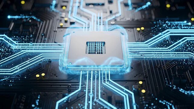 Advanced semiconductor processor animation with glowing microchip, high speed circuit connectivity, digital computing architecture and futuristic electronic hardware technology background video