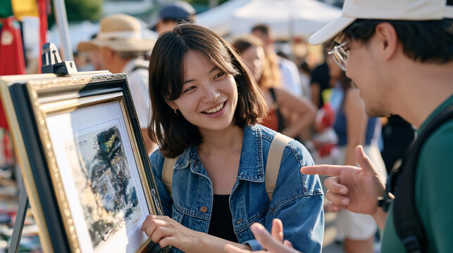 A picture framer stands in harsh midday sunlight outside a crowded cultural festival, her team examining a large ornate frame propped against a vendor booth, animated discussion visible in their ges