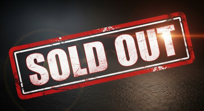 Red Distressed Sold Out Rubber Stamp Sign on Dark Textured Background with Lens Flare Effect