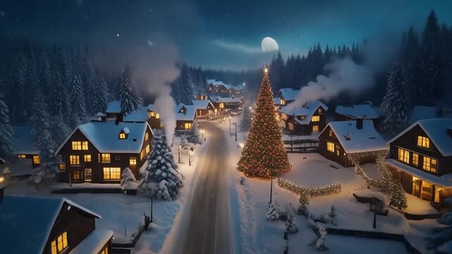 Winter wonderland background showing a festive glowing town, snowy pine trees, and smoke from chimneys on a peaceful Christmas eve.