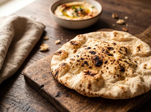 pita bread on wooden board with bowl of hummus on rustic dining table