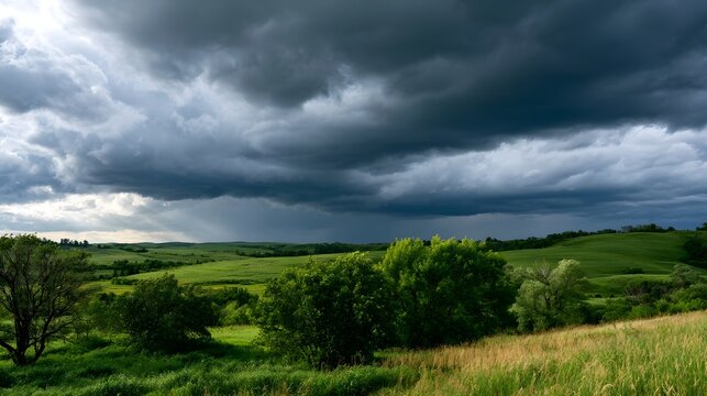 Dramatic storm clouds loom over rolling green hills and scattered trees under soft daylight