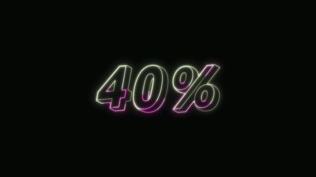  40 Percent Neon Text Seamless Loop 4K with Black Background Animated Promotional Typography for Video Editing