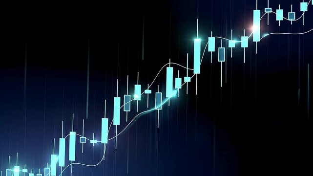 Bullish stock market trading animation with rising candlestick chart, investment growth, financial performance, market trends and digital fintech business analytics background video