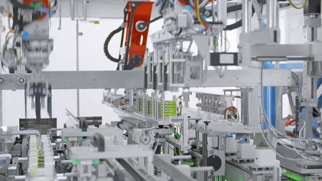 Automated packaging line with overhead robotic gripper aligning above conveyor of small green topped cylinders in bright clean production area, ready for precise pick and place handling