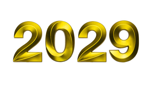 Number two thousand twenty nine shaped golden metallic digits isolated on a white background