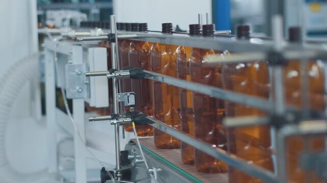 Amber plastic bottles aligned on glass conveyor between stainless steel rails, clamps and sensor heads inside sterile automated plant with reflective metal equipment and tubing