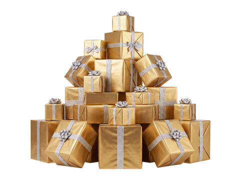 Stack of gold gift boxes isolated on transparent background
