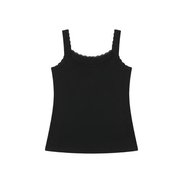 깔끔한 화이트 배경 위에 레이스 디테일이 들어간 심플한 블랙 컬러의 여성용 나시 민소매 상의
Simple black women's sleeveless camisole top with lace details on a clean white background