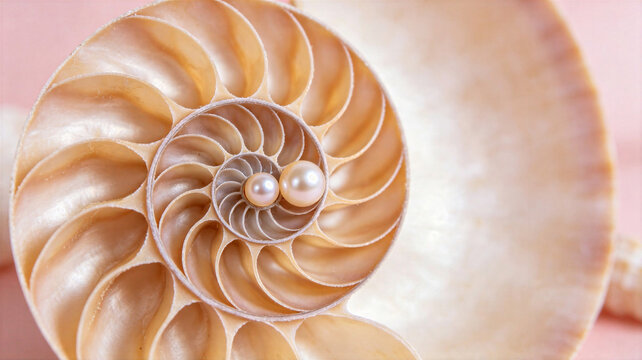 Cutaway view of nautilus shell displaying golden spiral and pearls