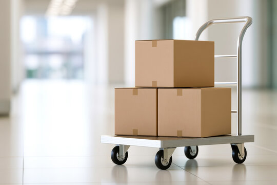 Cardboard boxes on a hand truck moving