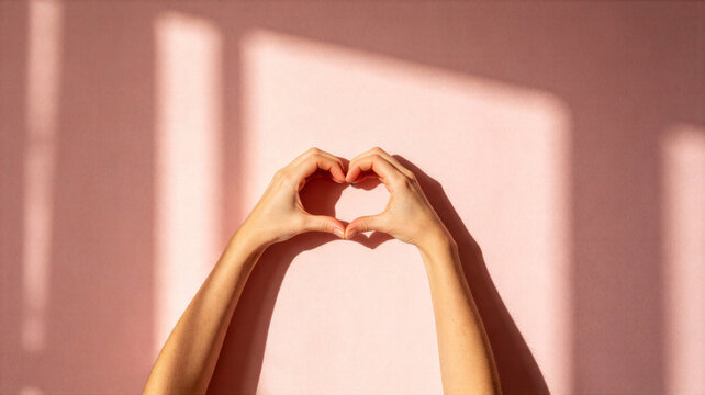 Female hands making heart shape gesture over pastel pink background
