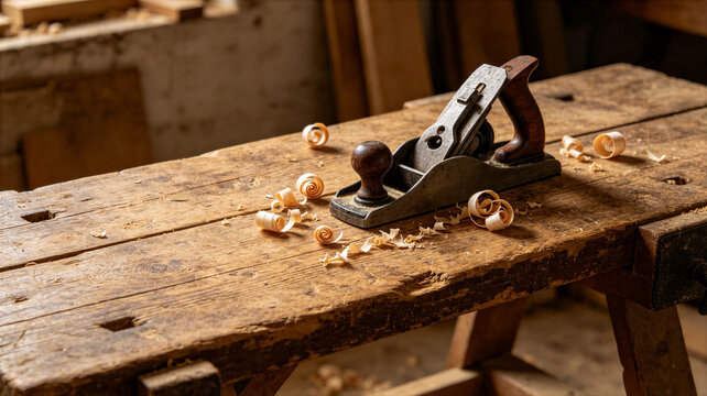 Vintage wood plane on rustic workbench with scattered wooden shavings