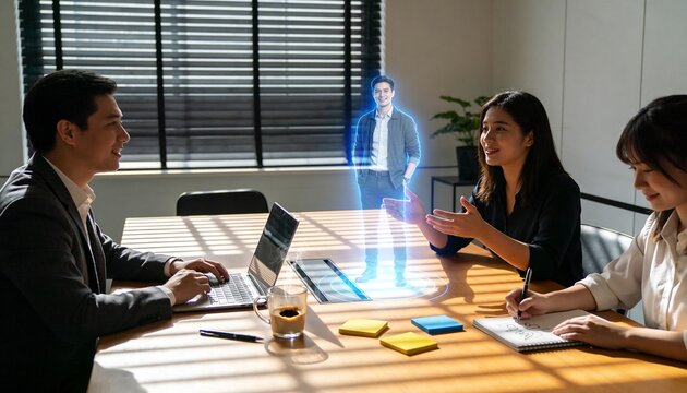 Hybrid Office Meeting with Life Size Holographic Colleague Projection Around