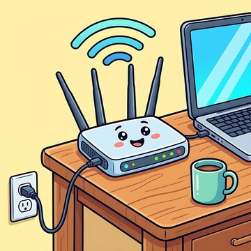 Cute cartoon wifi router on a desk with laptop