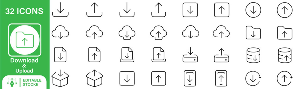 32 Download and Upload Vector Outline Icons Set &ndash; File Transfer, Cloud Storage, Data Sharing, Import, Export and Digital Download Line Symbols Collection