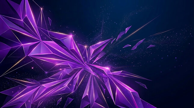 Abstract purple glowing polygon low poly crystal background with burst light rays